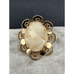 Vintage Cameo Brooch Hand Carved Shell Gold Tone